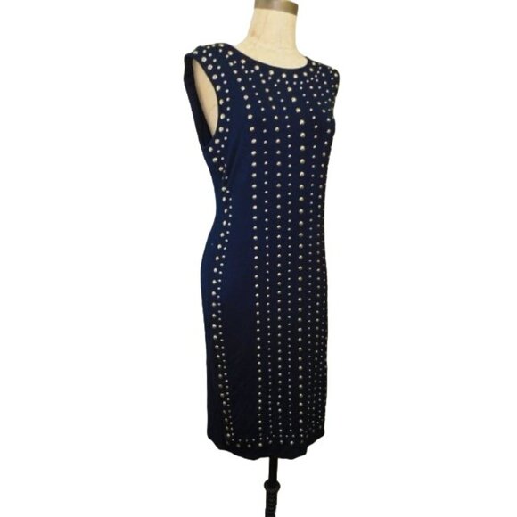 Carmen Marc Valvo Size M Medium Navy Blue STRETCH Knit Riveted Dress - Picture 3 of 3